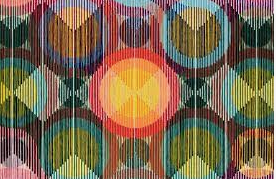 A colorful curtain with an abstract design.